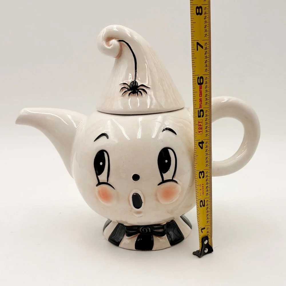 Johanna Parker Ghost Teapot Halloween Ceramic Spider Hat Striped Base White